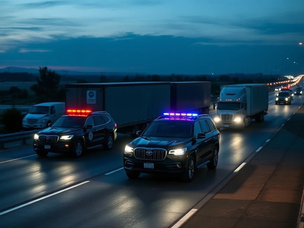Convoy de seguridad escoltando mercancía en carretera
