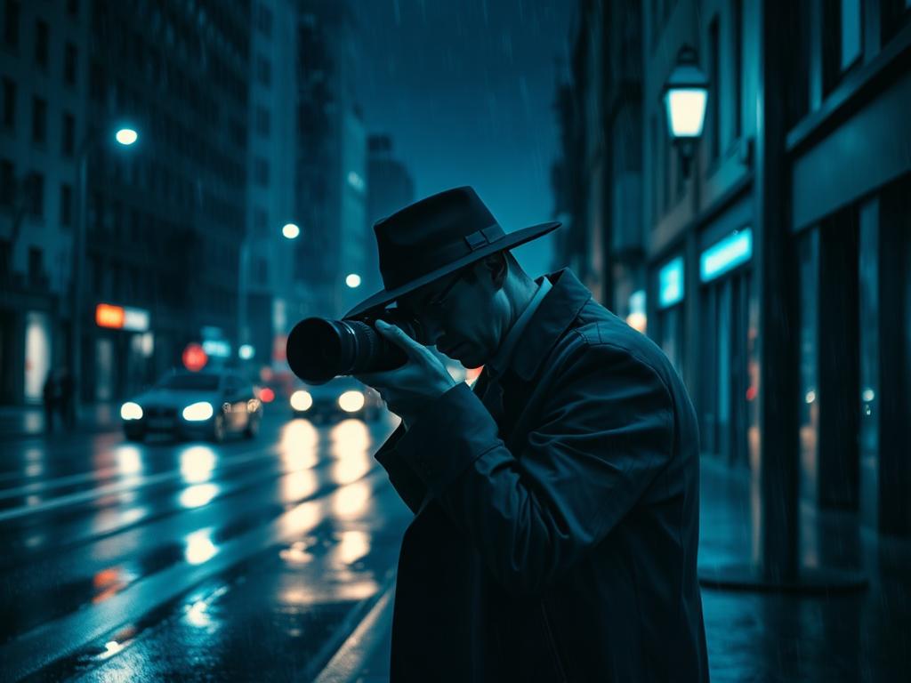 Investigador privado realizando vigilancia nocturna